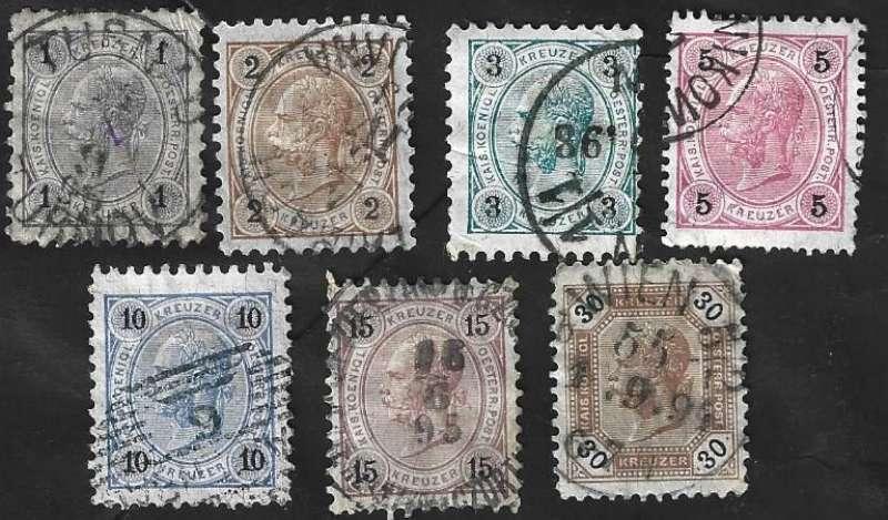 7 Postzegels Oostenrijk 1890 Keizer Frans Jozef I, Ophalen of Verzenden, Gestempeld