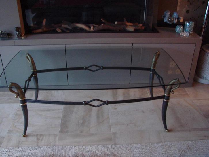 vintage: salontafel set van 2 : glas en brons, Maison & Meubles, Tables | Tables de salon, Comme neuf, Rectangulaire, Verre, Métal