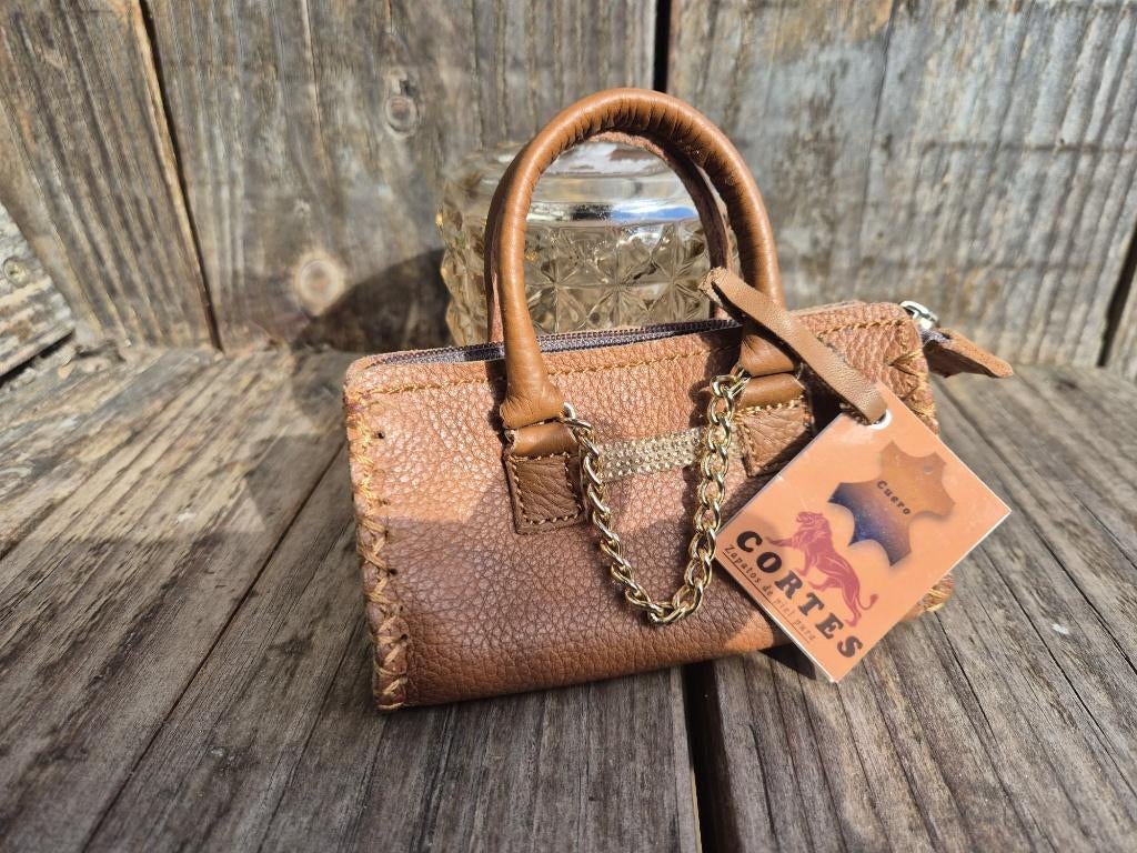 2 Miniatuur mini lederen handtassen 12 cm x 7 cm, Enlèvement ou Envoi, Neuf, Brun, Sac à main