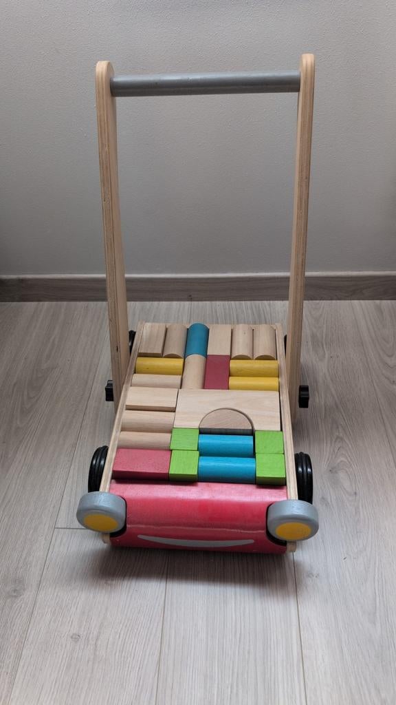 PlanToys loopwagen met blokken, Ophalen, Zo goed als nieuw, Duw- of Trekspeelgoed