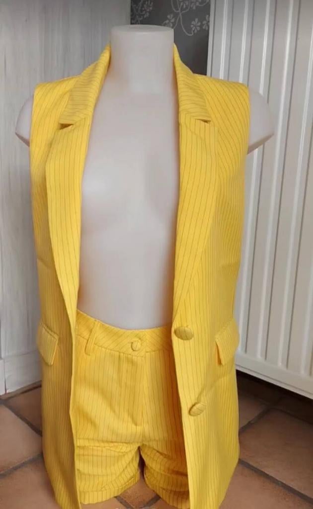 ENSEMBLE TAILLEUR SHORT - LÉGER RAYÉ EN NOIR - JAMAIS PORTÉ, Taille 34 (XS) ou plus petite, Neuf, Sans manches, Jaune