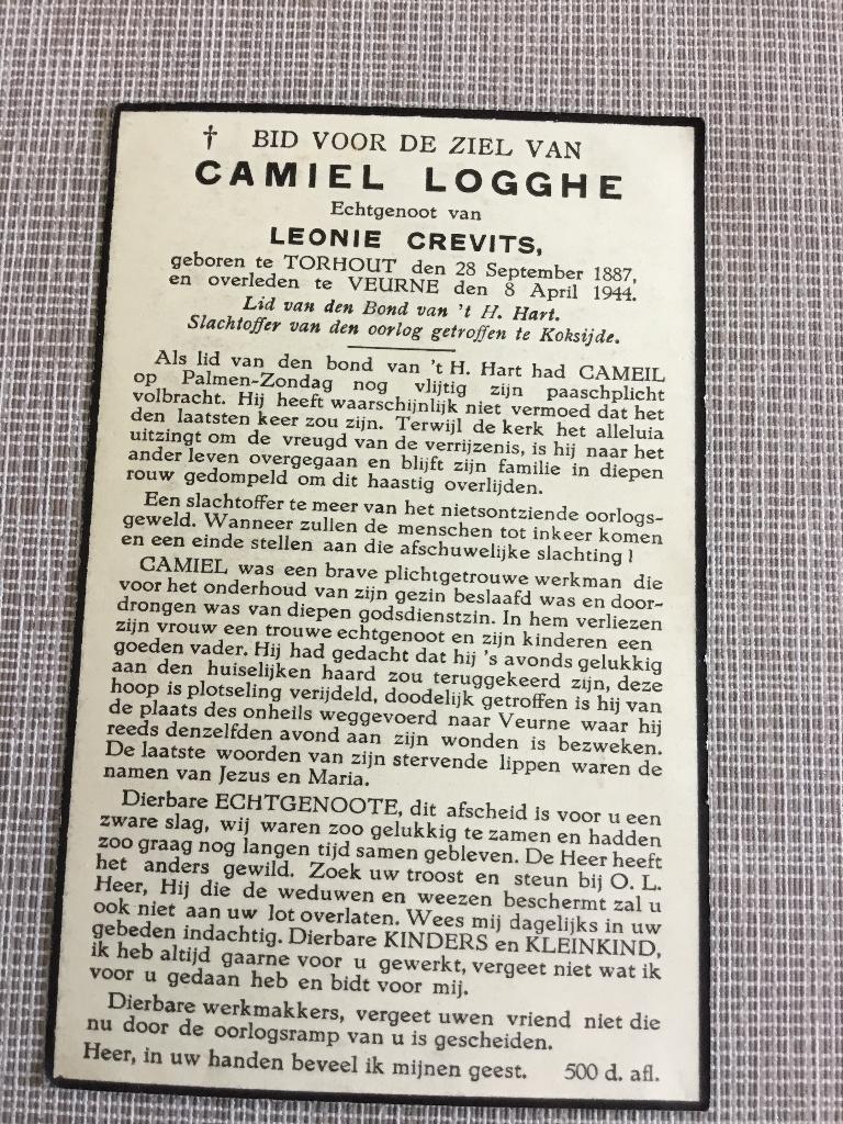 Oorlogsslachtoffer C.Logghe Torhout +KOKSIJDE 1944 WOII, Verzamelen, Bidprentjes en Rouwkaarten, Verzenden, Bidprentje