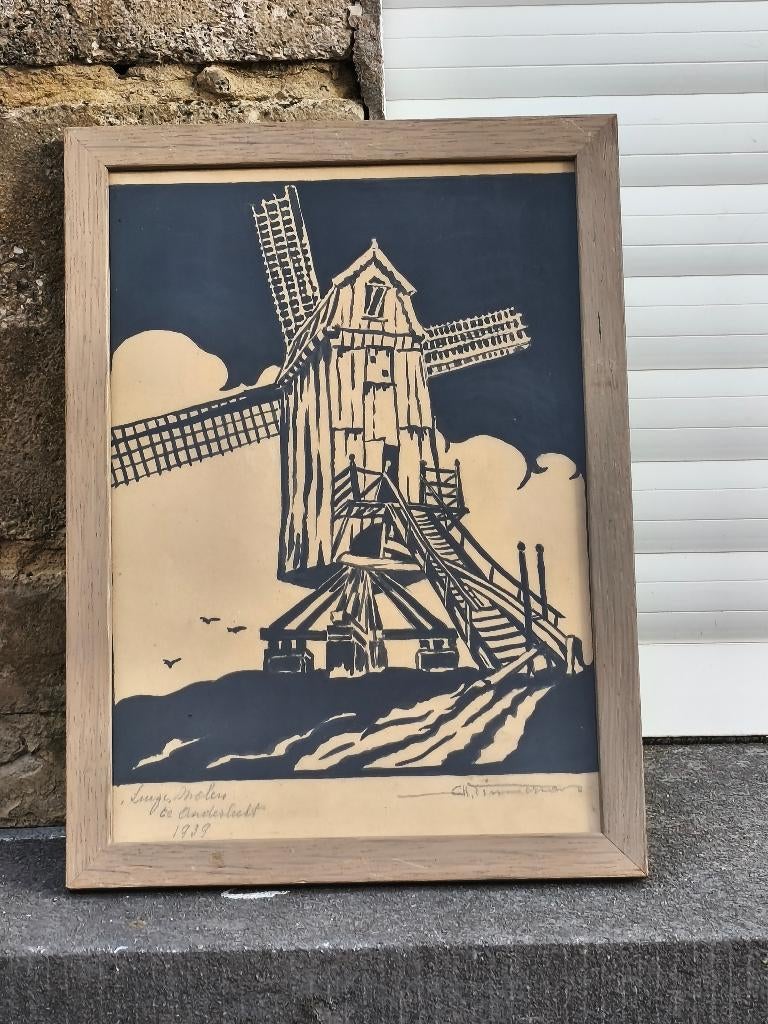 Dessin moulin signe marcel timmermans, Antiquités & Art, Enlèvement ou Envoi