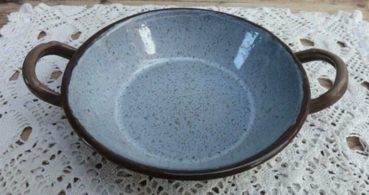 Klein Frans brocante bruin /grijs emaille (sier) pannetje, Antiquités & Art, Curiosités & Brocante, Enlèvement ou Envoi