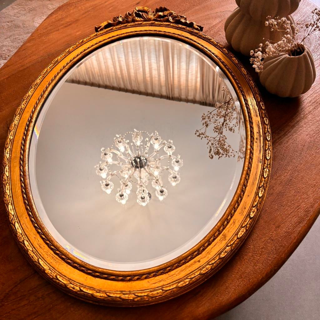 Miroir doré vieilli • Vintage • Verre taillé • Suspendu, Enlèvement, Ovale, 50 à 100 cm, Moins de 100 cm