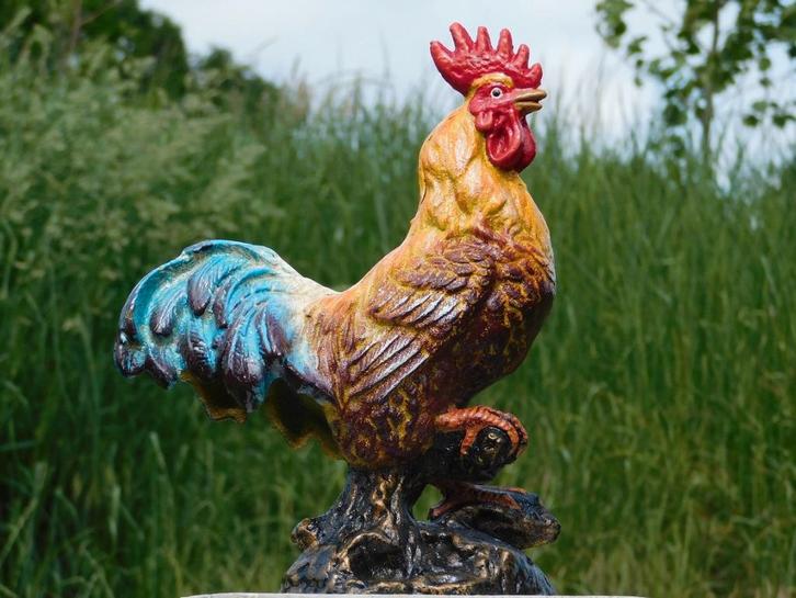 Beeld Haan in Kleur - Gietijzer, Tuin en Terras, Tuinbeelden, Dierenbeeld, Metaal, Ophalen of Verzenden