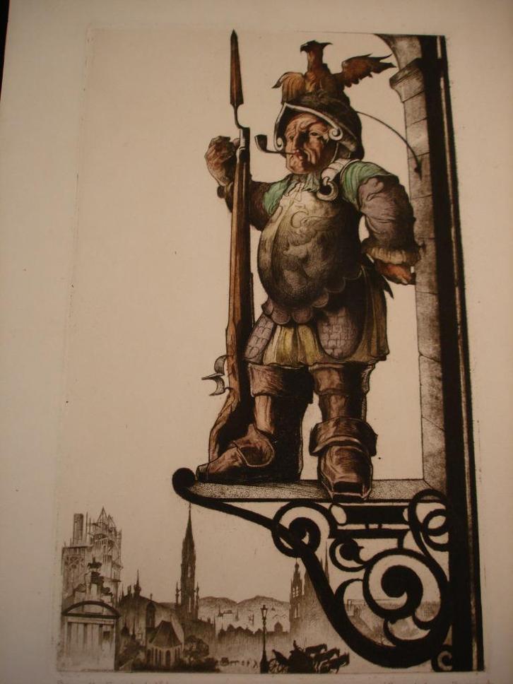 Maurice Langaskens Bruxelles terre de folklore gekleurde ets, Antiek en Kunst, Kunst | Etsen en Gravures, Ophalen of Verzenden