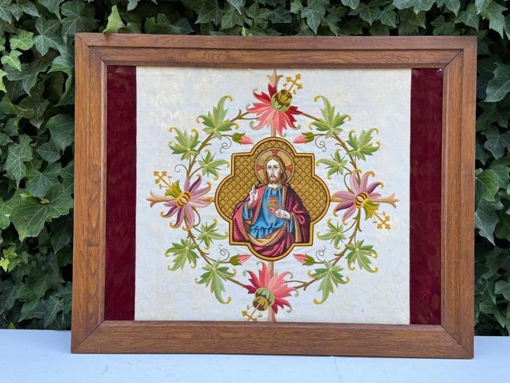 Antiek Jezus Christus Fijn Borduurwerk Klooster Kerk Devotie, Verzamelen, Religie, Zo goed als nieuw, Christendom | Katholiek