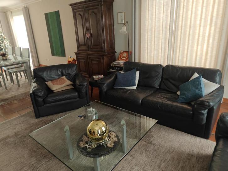 Zwarte lederen Durlet salon, Huis en Inrichting, Zetels | Zetels, Gebruikt, Rechte bank, Overige maten, 75 tot 100 cm, Leer, Ophalen