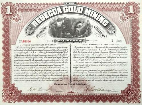 Rebecca Gold Mining Company 1895, Timbres & Monnaies, Actions & Titres, Certificat d'action, Avant 1920, Enlèvement ou Envoi