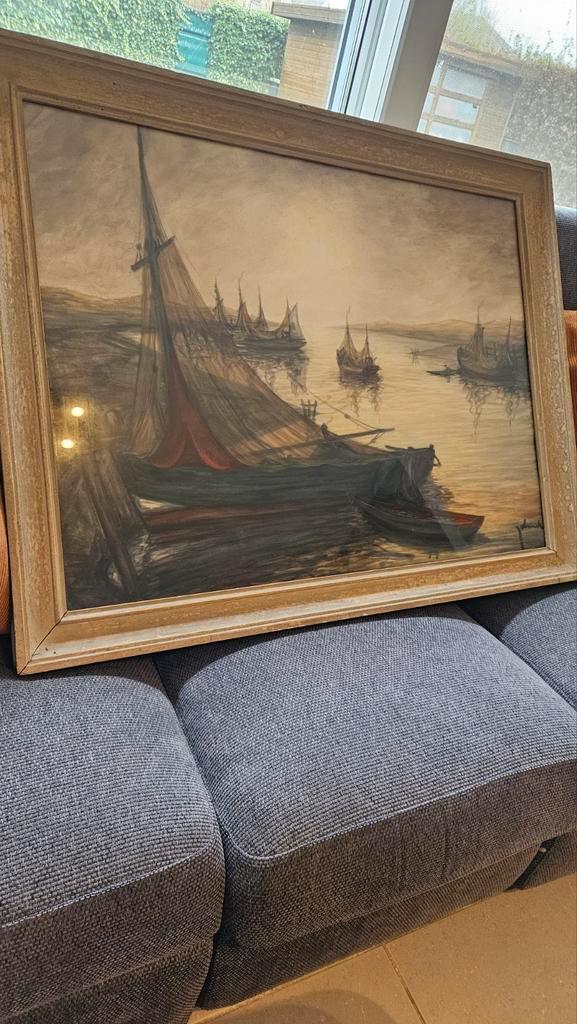 Aquarel   Théo Idserda "  Vissersboten", Antiek en Kunst, Kunst | Schilderijen | Klassiek, Ophalen