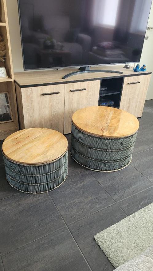 Set salontafel, Huis en Inrichting, Tafels | Salontafels, Zo goed als nieuw, Minder dan 50 cm, 50 tot 100 cm, Rond, Eikenhout