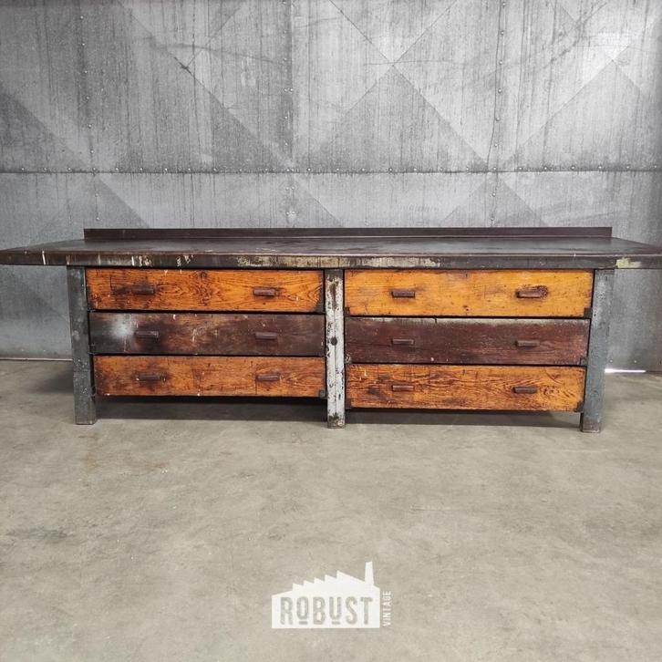 Industriële werkbank 3 meter | Zware houten lades, Doe-het-zelf en Bouw, Werkbanken, Zo goed als nieuw, 170 cm of meer, Ophalen of Verzenden