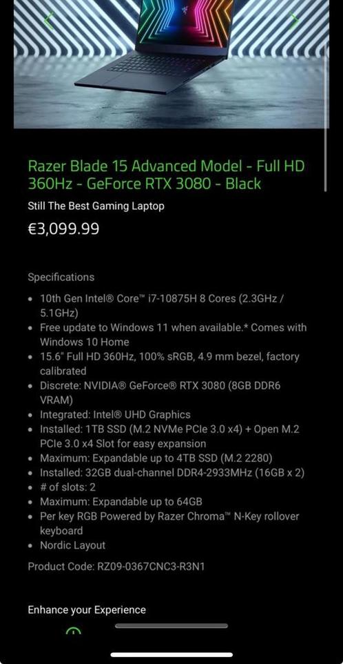 Razer blade 15 advance model-full hd 360hz-geforce, Computers en Software, Windows Laptops, Zo goed als nieuw, Ophalen