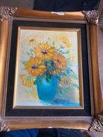 Schilderij boeket bloemen in vaas geel blauw gesigneerd, Ophalen of Verzenden