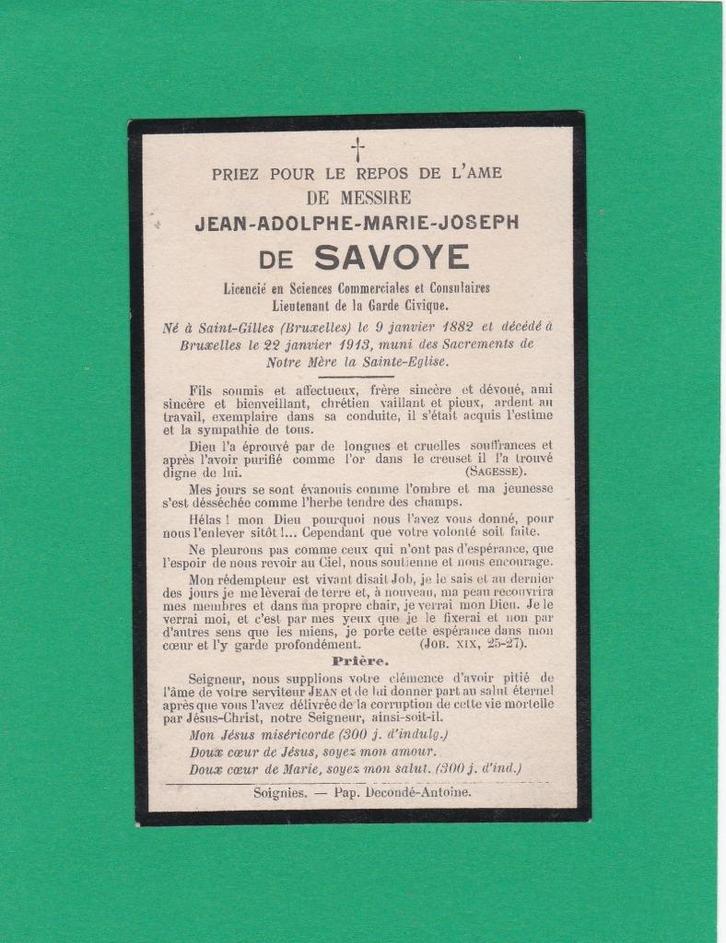 DP Messire de Savoye Jean Adolphe Marie Joseph, Verzamelen, Bidprentjes en Rouwkaarten, Verzenden