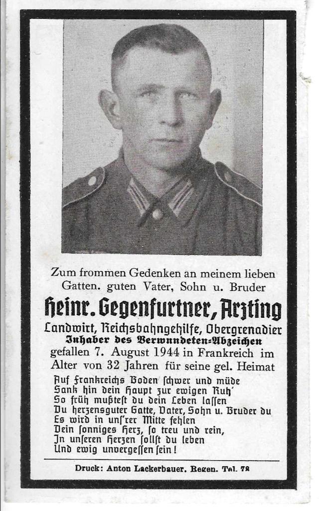 Obergren. Heinr. Gegenfurtner KIA Frankreich 7/8/44 Le Mans, Verzamelen, Militaria | Tweede Wereldoorlog, Ophalen of Verzenden