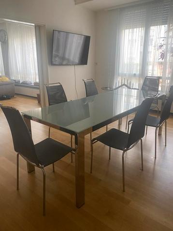 Table design italien Calligaris en verre trempé + 6 chaises, Enlèvement ou Envoi, Comme neuf, Verre