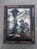 Houten kader met gebrandschilderd glas met Hummeltjes., Antiek en Kunst, Ophalen of Verzenden