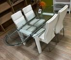 Glazen eettafel met 8 stoenen, Huis en Inrichting, Ophalen, Zo goed als nieuw, Vijf personen of meer, Glas