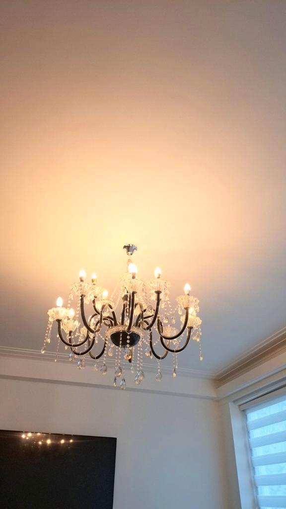 Grote Moderne kristallen kroonluchter met 15 lampen, Huis en Inrichting, Lampen | Kroonluchters, Zo goed als nieuw, Ophalen