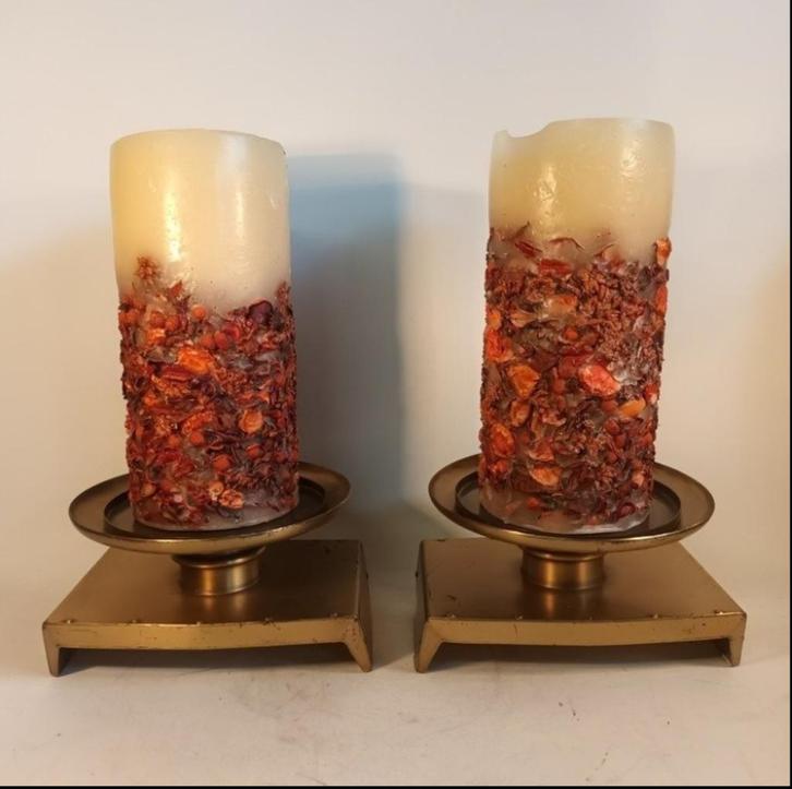 Prachtig koppel geelkoperen tafel/ altaar kandelaars - Koper, Antiek en Kunst, Antiek | Kandelaars, Ophalen of Verzenden