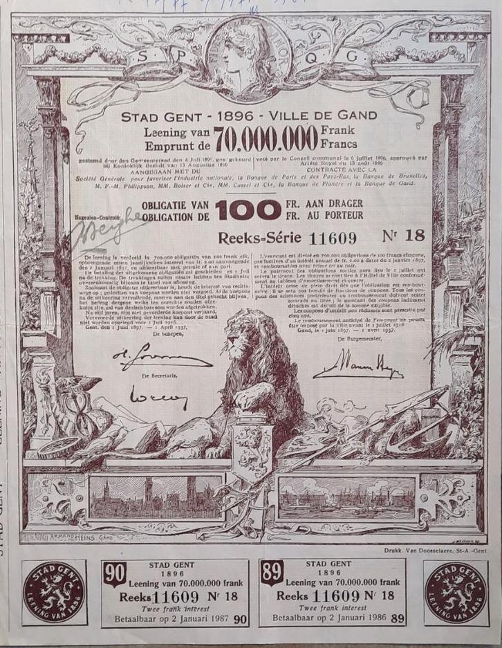 Stad Gent - 1896 !! - obligatie van 100fr - reeks 11609, Timbres & Monnaies, Actions & Titres, Obligation ou Prêt, Avant 1920