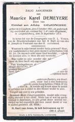 Soldaat. Demeyere Maurice. ° Iseghem 1901 † Leopolsburg 1923, Ophalen of Verzenden, Bidprentje