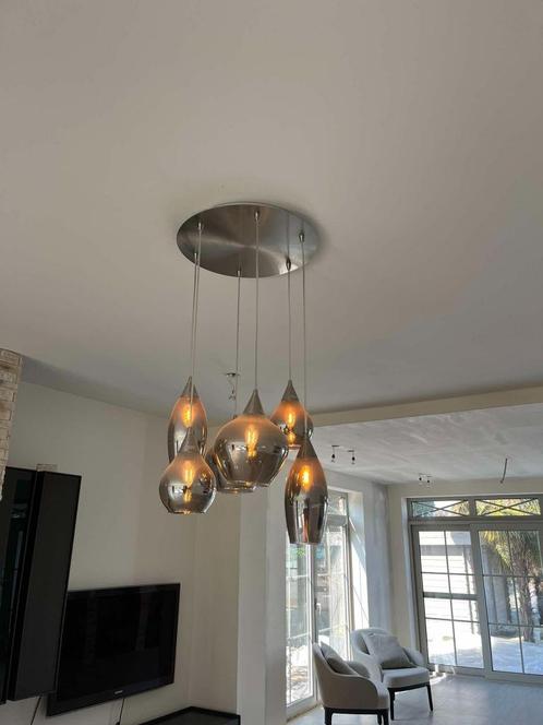 Moderne hanglamp / 6 gerookt/smoke glazen bollen, Huis en Inrichting, Lampen | Hanglampen, Zo goed als nieuw, 75 cm of meer, Glas