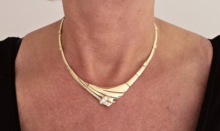 Gouden vintage ketting met diamant hanger. 2025/435, Bijoux, Sacs & Beauté, Colliers, Comme neuf, Or, Or, Avec pierre précieuse