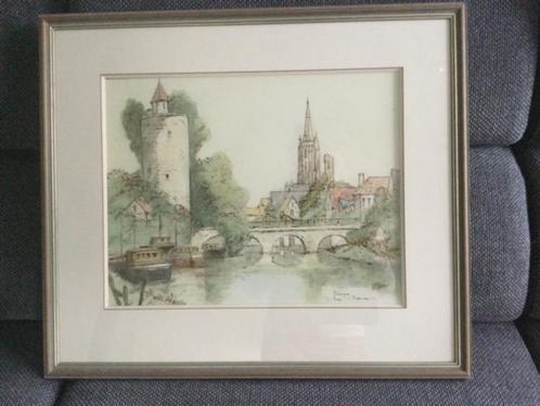 aquarel stad Brugge, Antiek en Kunst, Kunst | Schilderijen | Klassiek, Ophalen of Verzenden