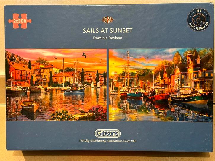 Gibsons puzzel ‘sails at sunset’ 2x 500 stukjes, Hobby en Vrije tijd, Denksport en Puzzels, Zo goed als nieuw, Legpuzzel, 500 t/m 1500 stukjes