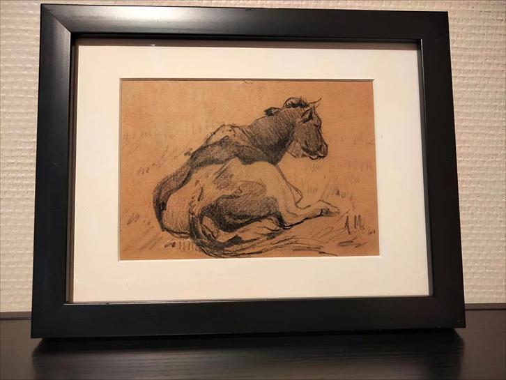 Tekening liggende koe Haagse school, Antiek en Kunst, Kunst | Schilderijen | Klassiek, Ophalen of Verzenden