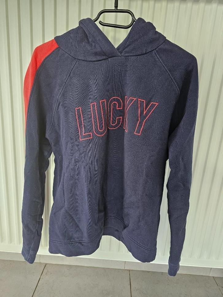 blauwe trui met rode strepen en tekst, Kleding | Dames, Truien en Vesten, Zo goed als nieuw, Maat 38/40 (M), Blauw, Ophalen of Verzenden