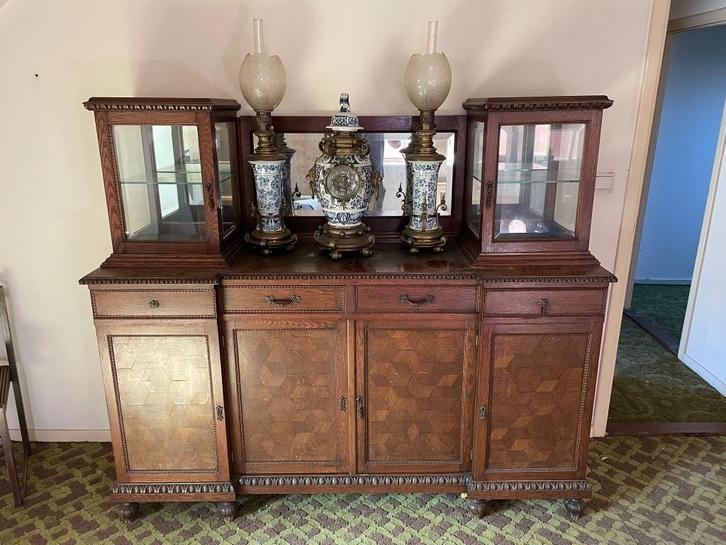 Antieke buffetkast met marqueterie & opzetvitrines (1900), Antiek en Kunst, Antiek | Meubels | Kasten, Ophalen