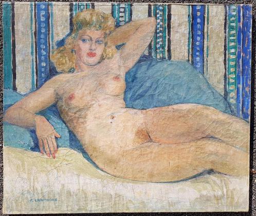 Groot schilderij - Liggende naakte vrouw - Fernand LANTOINE, Antiek en Kunst, Kunst | Schilderijen | Klassiek, Verzenden