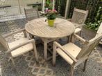 Tuintafel en 4 stoelen met kussens, Jardin & Terrasse, Tables de jardin, Rond, Bois, Utilisé, Enlèvement ou Envoi