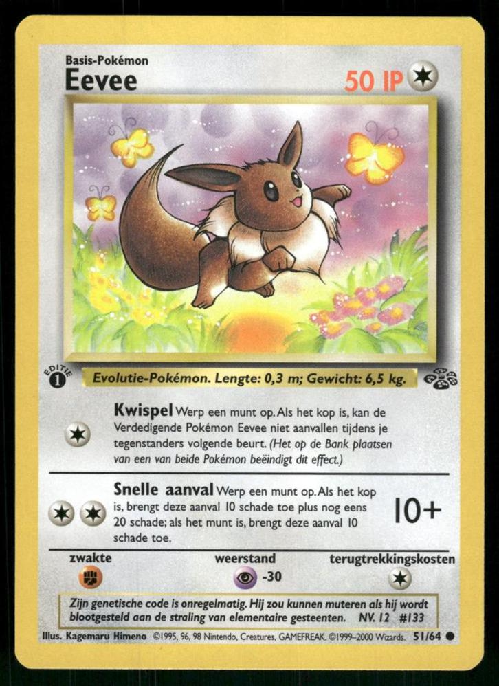 Eevee 51/64 - Jungle (1st edition) (NL) (NM), Hobby en Vrije tijd, Verzamelkaartspellen | Pokémon, Gebruikt, Verzenden