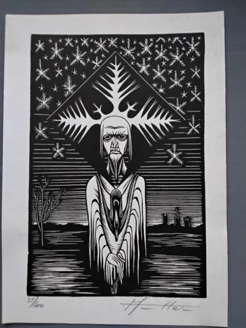 3 gesigneerde lino's van kunstenaar Hugo De Putter (1975), Antiek en Kunst, Kunst | Litho's en Zeefdrukken, Ophalen of Verzenden