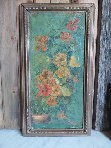Leuk oud bloemen stilleven schilderij olie op doek (op hout) beschikbaar voor biedingen