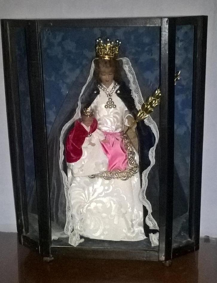 vintage maria beeld met kind in houten kastje met glas raam, Antiek en Kunst, Curiosa en Brocante, Ophalen of Verzenden