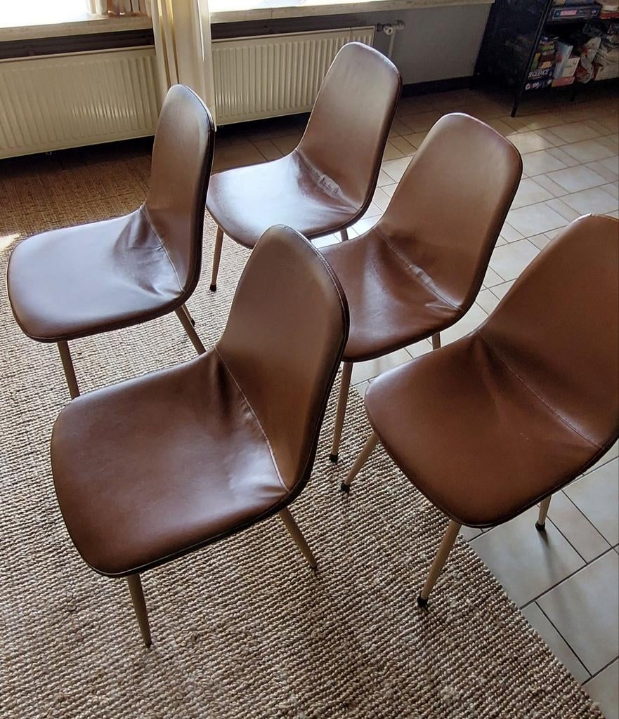 5 eetkamerstoelen cognac leder look, poten in eiken, Ophalen