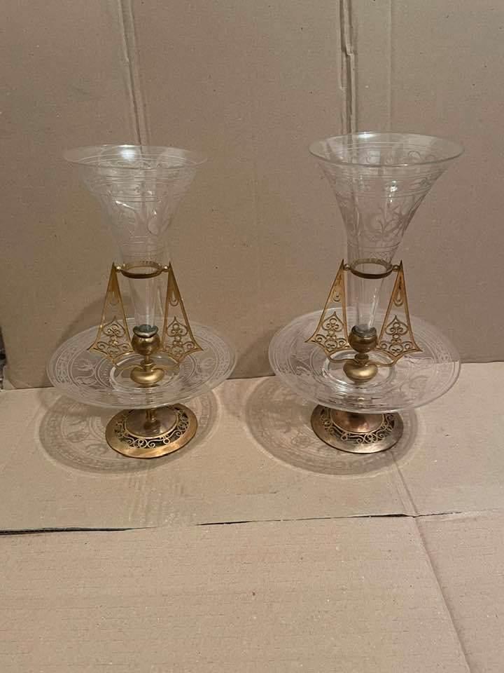 Paire De Centre table Vases Cornets Bronze Cristal Napol III, Antiquités & Art, Antiquités | Verre & Cristal, Enlèvement ou Envoi