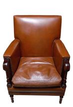 Cognac kleurige lederen armzetel in mahoniehout, Huis en Inrichting, Ophalen, Eenpersoons, B, 75 tot 100 cm