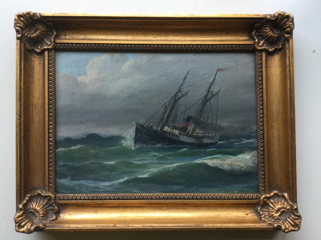 Antiek olieverf schilderijtje +- 1920 zeilschip, Antiek en Kunst, Ophalen of Verzenden