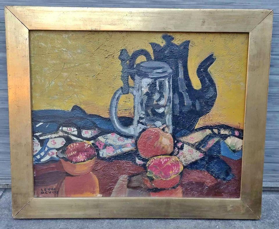 Huile sur toile nature morte signe Léon devos, Enlèvement ou Envoi