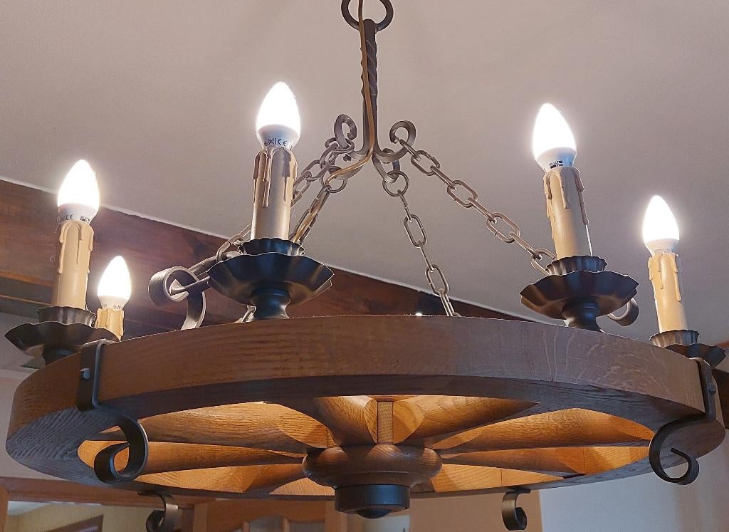 Lustre en chêne massif 8 lampes led, Maison & Meubles, Enlèvement