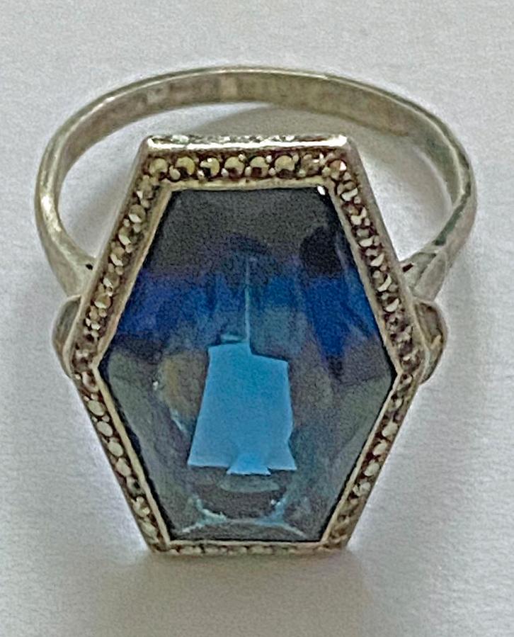 Bague Art Déco — Argent (935) avec pierre bleue, Antiquités & Art, Antiquités | Autres Antiquités, Enlèvement ou Envoi