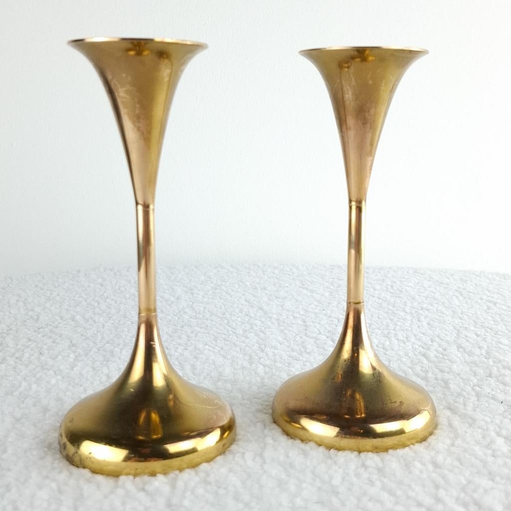 2x vintage trompet kandelaar messing jaren 60/70 Deens, Antiek en Kunst, Antiek | Kandelaars, Ophalen of Verzenden