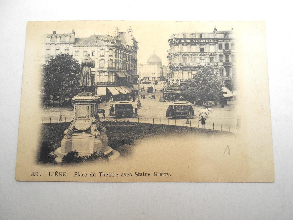 ancienne carte postale Liège Place du theatre  statue Gretry, Collections, Enlèvement ou Envoi, Avant 1920, Non affranchie, Liège